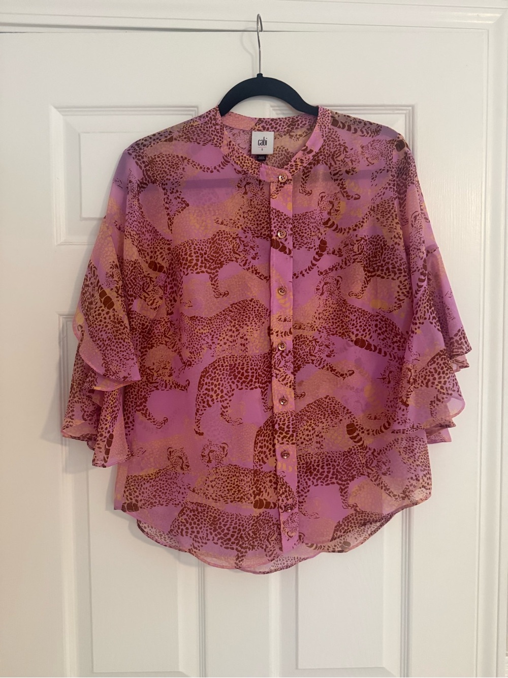 cabi Pink and Brown Leopard-Print Ruffle Button Blouse